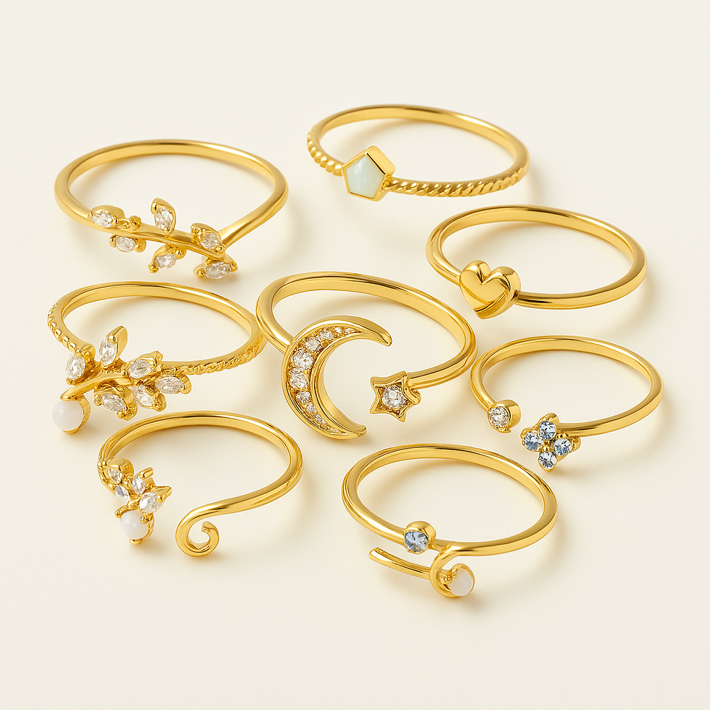 Συλλογή 10 μποέμικων δαχτυλιδιών από ασήμι και επιχρυσωμένο