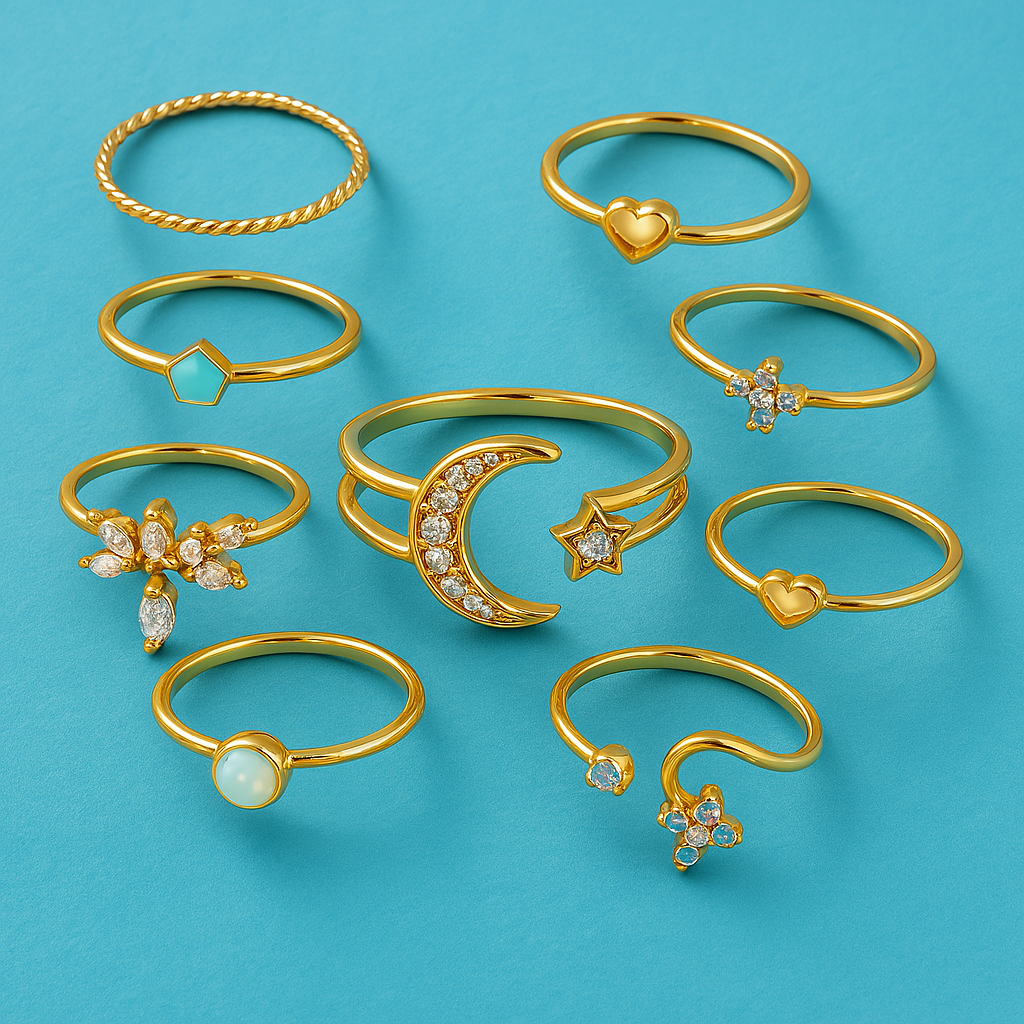 Συλλογή 10 μποέμικων δαχτυλιδιών από ασήμι και επιχρυσωμένο