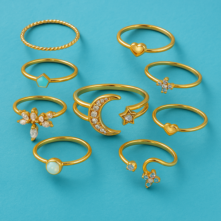 Συλλογή 10 μποέμικων δαχτυλιδιών από ασήμι και επιχρυσωμένο